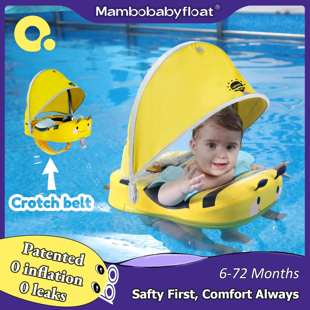 Baby Float With Crotch Strap & Inflation-free Solid Core Mambobaby Kid Swimming Ring Have Sunshade 0-7 Yeas Old Swim Pool Tube